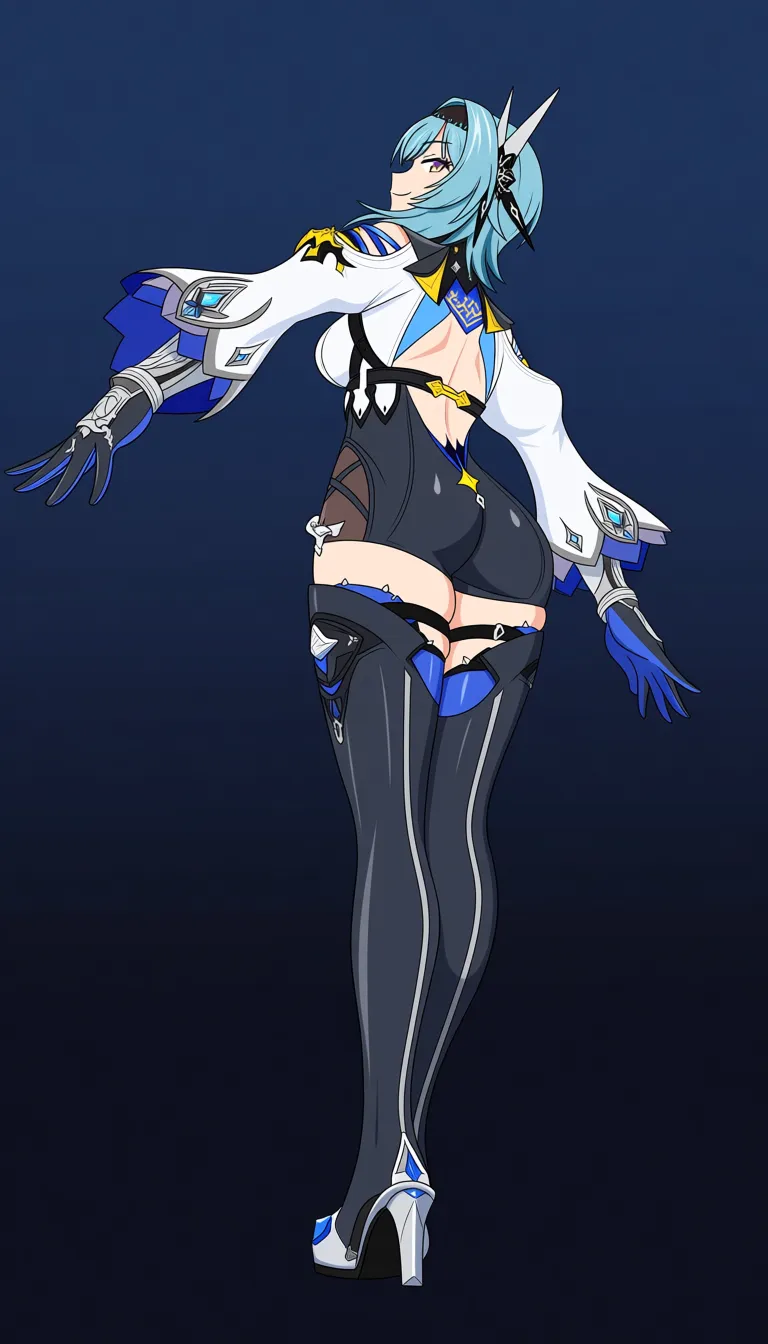 /masterpiece_absurdres /ultra_detailed, Eula Lawrence, from behind, Cameltoe, from Below, petite ,Haughty smile, standing . No hentai_studio_quality., hentai_studio_quality, hentai_studio_quality