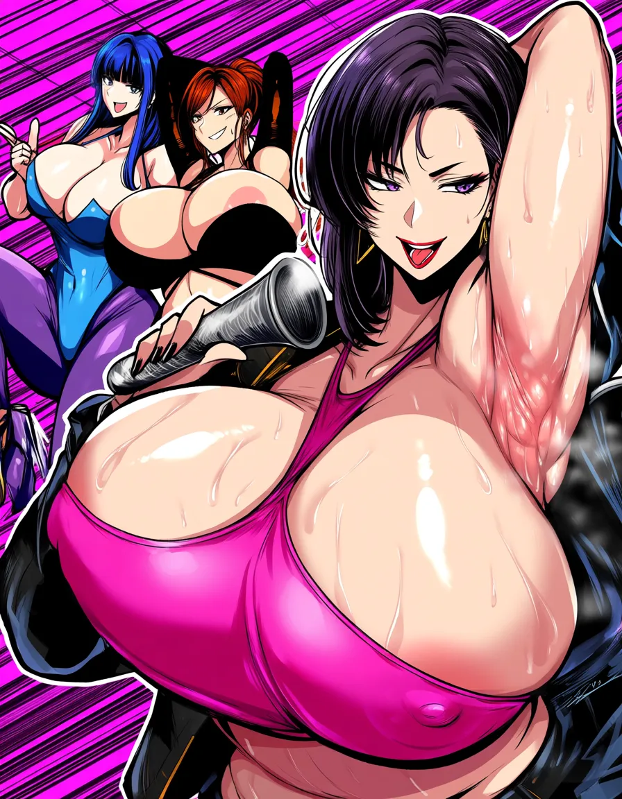 highres, vivid, 3girls hyperfem bimbo mature_female burlesque huge_breasts wide_hips  plump curvy nipple_slip sweaty armpits expressive sultry music jazz musical_note singing jazzy dancing holding_microphone 1boy ejaculation,, hentai_studio_quality