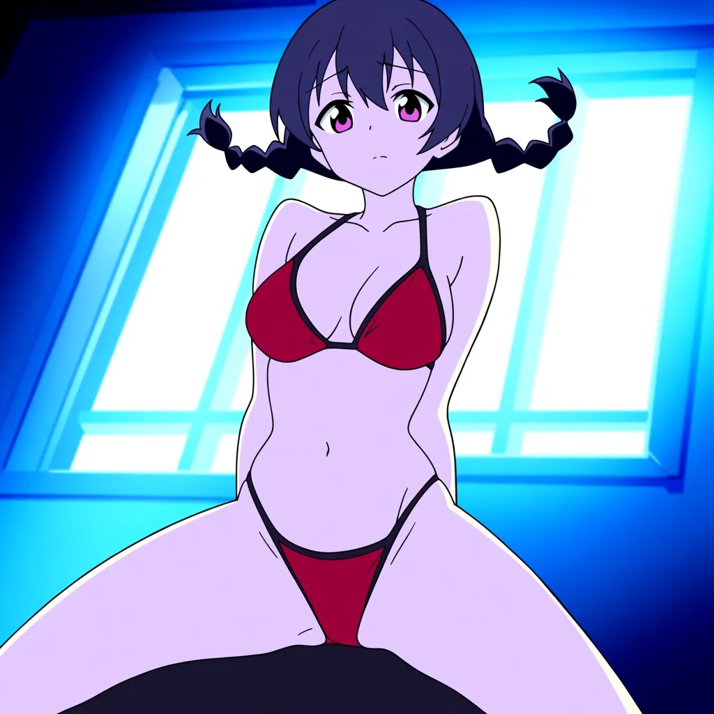 best quality, hyperrealistic, solo, twin braids, swimsuit, straddling, window light, dslr quality