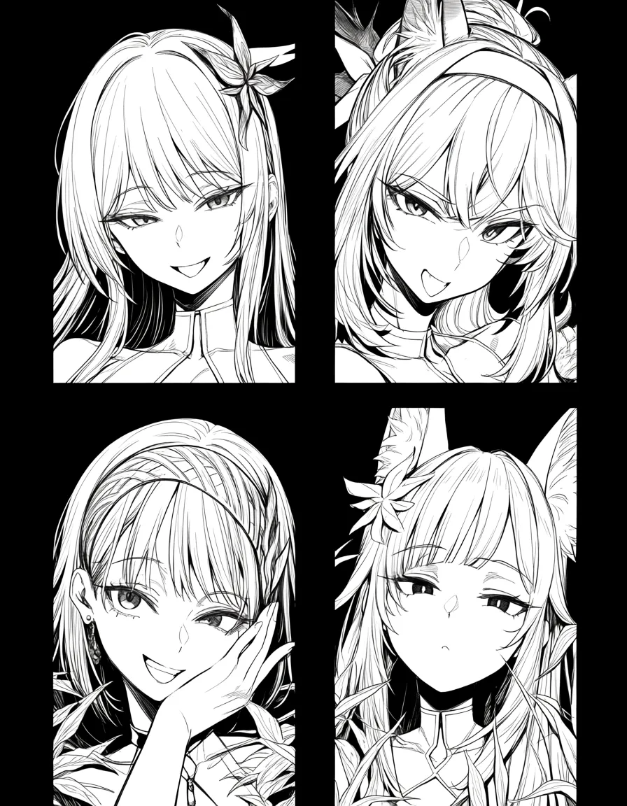 absurdres, highres, 4girls, facesitting, animal ears, hairband, plant, manga panel look, hentai_studio_quality