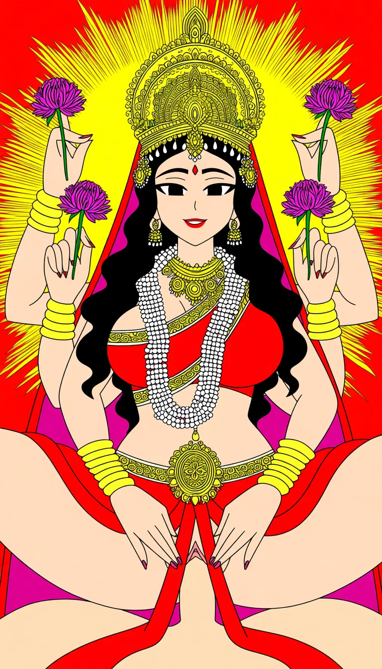 Beautiful, Maa Durga with multiple arms, Mother, Bengali Indian,  Wearing Hindu Goddess Crown, long black curly hair, mid part hairstyle, red lipstick, Big chest, Thick thighs and arms, thick pelvis, bridal Hindu attire, Saree and Blouse with intricate patterns, Adorned Heavily in Indian Ornaments, black eyes, POV Sex, Having sex with viewer, vaginal sex, devine radiance, Calm and Graceful Expression, confident smile with Erotic Expressions, flowers around in Symmetrical order, holding flowers, floral necklace,