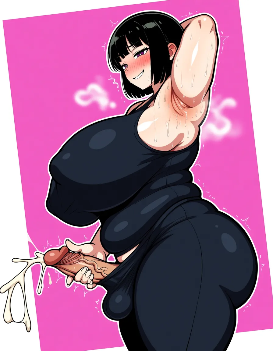 ultra detailed, expressive nerdy girl neet pale_skin black hair huge_breasts huge_ass curvy plump oiled sweat arms_behind_head sweaty armpits armpit fetish body odor fetish steaming_body slimy skin, stinky seductive_smile handjob 1boy male_focus ejaculation younger male, hentai_studio_quality
