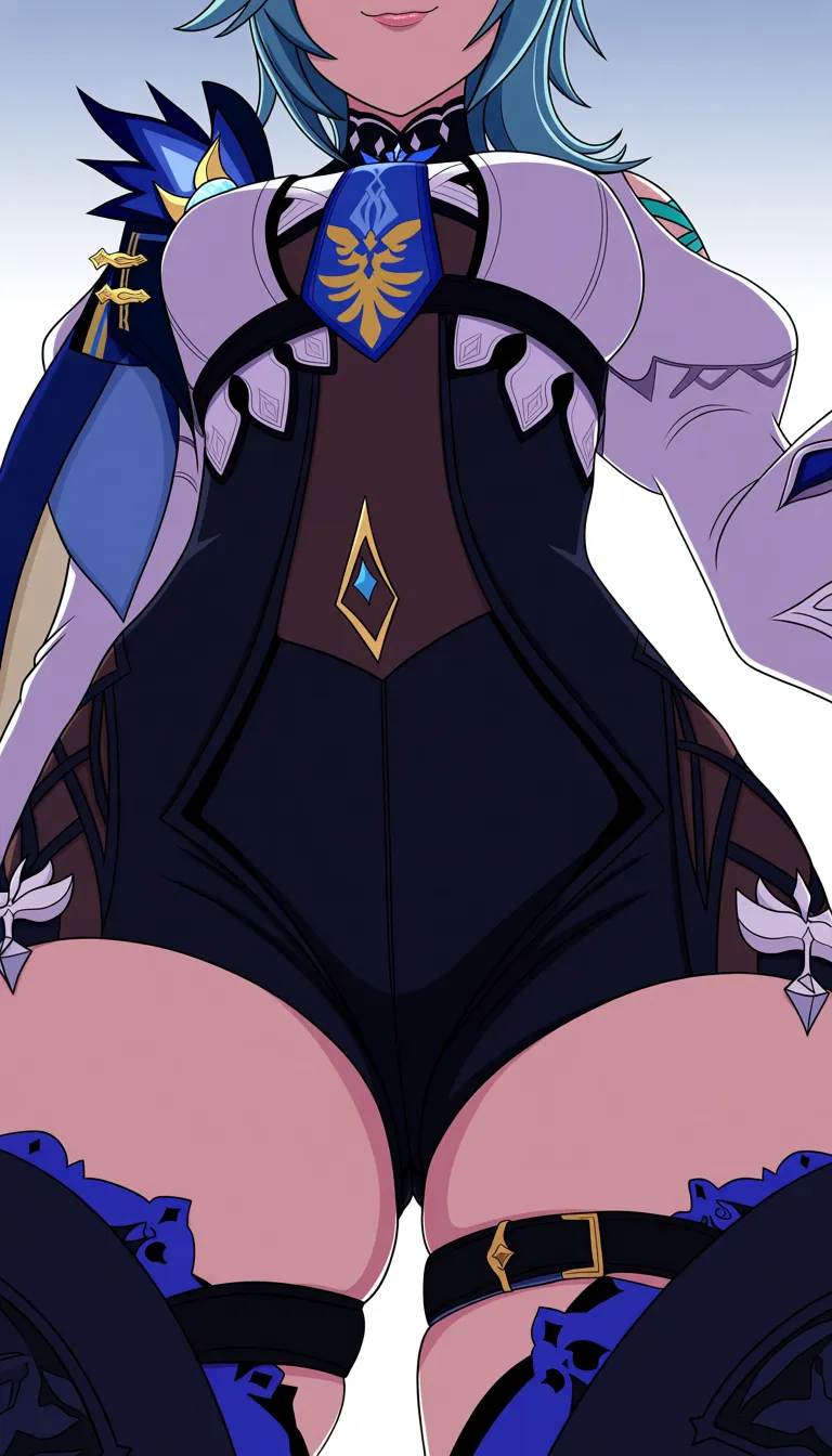 Masterpiece, Genshin Impact style, 1girl , Eula Lawrence, shorts down, panties down, pussy lips on view , from Below, slender body,Haughty smile, standing., hentai_studio_quality, hentai_studio_quality, hentai_studio_quality, hentai_studio_quality, hentai_studio_quality, hentai_studio_quality
