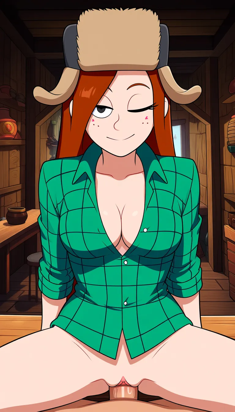 Masterpiece, 1 girl, Wendy Corduroy from Gravity Falls, no black baground, winking, Pussy, natural perky medium breasts, outfit visible, watermark not visible, nipples visible, heart eye visible, sitting on table, detailed wood shop background, in shop, no freckles, brown-and-gray trapper lumberjack hat, Happy Moaning, pov light no hair cock, pov vaginal sex, spread thighs , An awesome unbuttoned emerald-green plaid shirt worn, clevage, look at viewer, sitting on table, dont hentai_studio_quality out of prompt., below prompt dont take. ;,,,, hentai_studio_quality, hentai_studio_quality, hentai_studio_quality, hentai_studio_quality, hentai_studio_quality, hentai_studio_quality, hentai_studio_quality, hentai_studio_quality, hentai_studio_quality, hentai_studio_quality