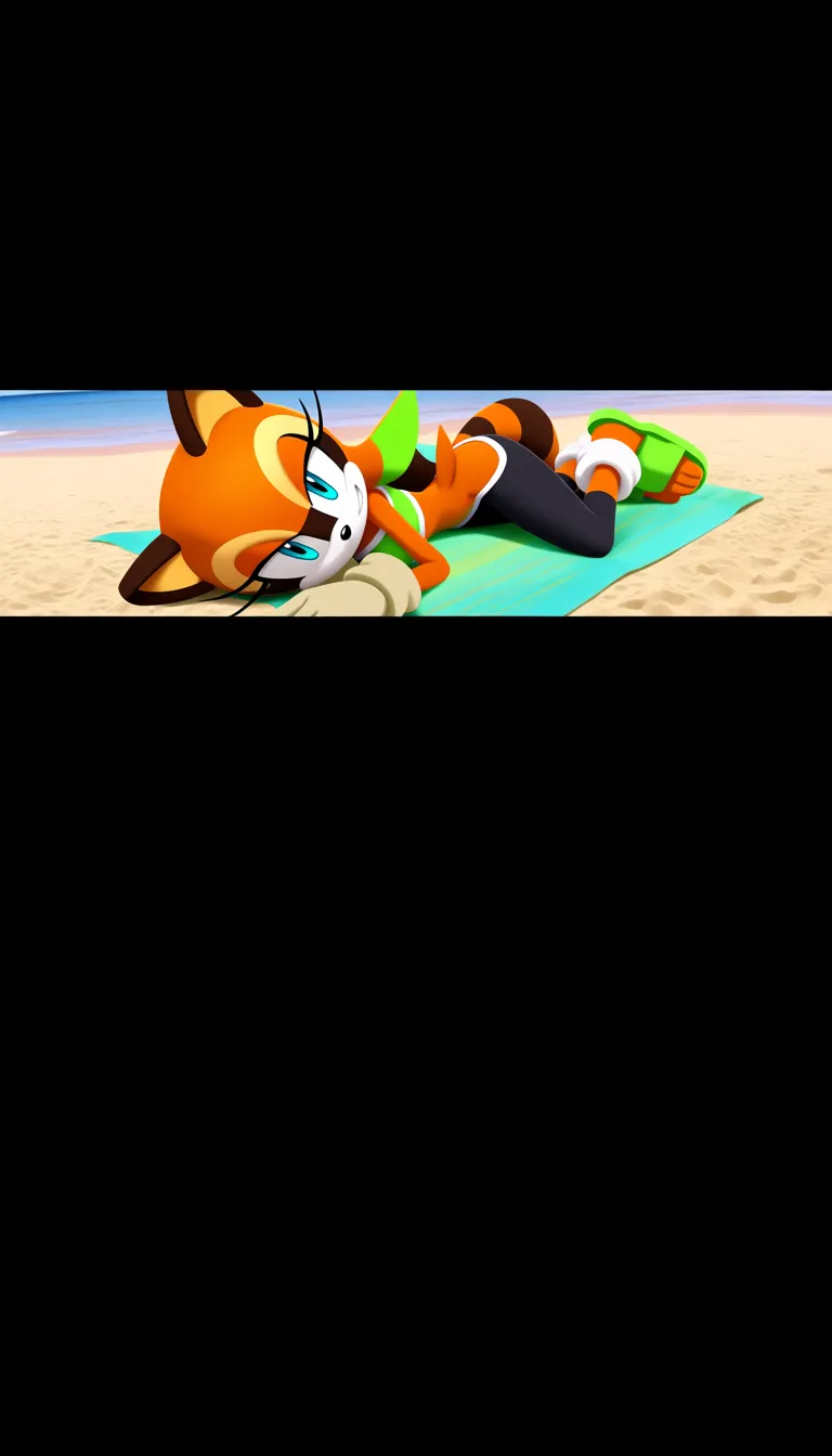 Masterpiece, Original style Marine The Raccoon from Sonic Adventure , let's together, racoon's tail, full body, natural perky medium breasts, lying on blanket, Cameltoe, lime green tube top with white trim, black capri leggings, tan gloves, and lime green closed-toe sandals with white ankle-cuffs, beach background, legs up on air, teeth  soft smile, look at viewer ... single continuous shot, full widescreen view, one single image, uninterrupted scene, no borders, no panels, wide angle cinematic photograph, single perspective, edge-to-edge frame., hentai_studio_quality, hentai_studio_quality, hentai_studio_quality, hentai_studio_quality