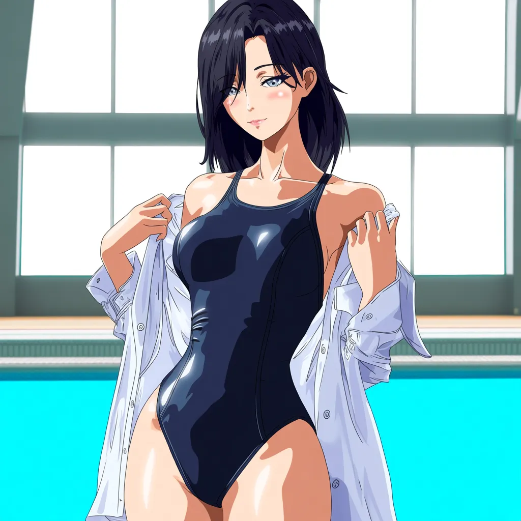 An adult anime-style woman with shoulder-length dark navy-black hair, soft layered bangs partially covering one eye, beautiful blue-gray eyes, fair skin, subtle blush, and a gentle confident expression. She has a curvy feminine figure and is wearing a dark navy satin one-piece swimsuit with a slightly glossy fabric texture, paired with an oversized white button-up shirt casually draped off her shoulders. She is standing beside an indoor swimming pool, adjusting her loose shirt with both hands. Bright natural daylight streams through large windows behind her, creating a soft, airy atmosphere. Elegant pose, relaxed posture, detailed anime illustration, delicate facial features, realistic hair strands, soft skin shading, glossy fabric highlights, cinematic lighting, shallow depth of field, highly detailed, polished digital art, vertical composition, full-body character, 4k. 1girl 1boy sex, (anime style:1.3), 2d, anime screencap, cel shading, flat color, @00osamio00
