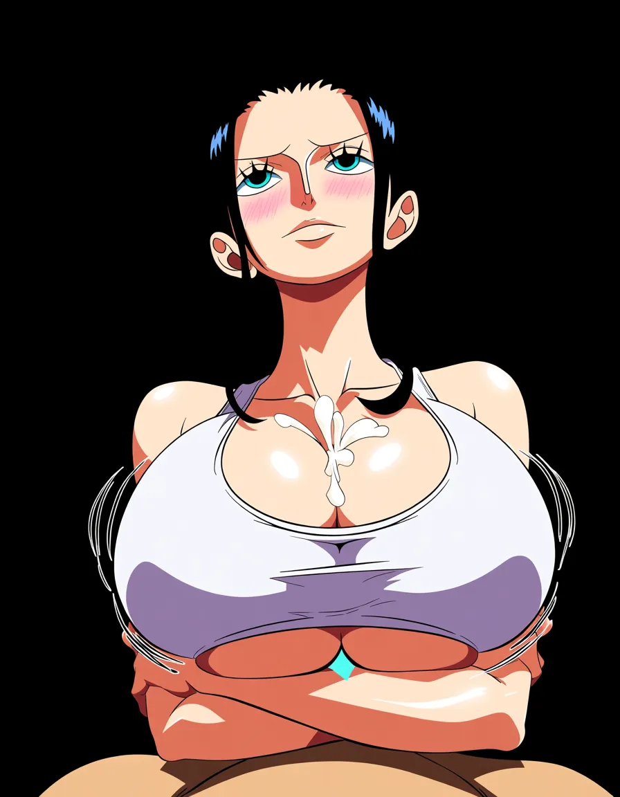 Nico Robin from One Piece, mature_female, tank_top, solo_focus, dolphin_shorts, tight_clothes, skin_tight,, crossed_arms, hugging_own_tits, deep cleavage, pov_angle, looking up, blush, aroused underboob, 36G_cup_breasts, huge breasts, Paizuri, titjob, cum on breasts, motion lines, skindentation, bouncing_breasts, (anime style:1.3), 2d, anime screencap, cel shading, flat color, @00osamio00