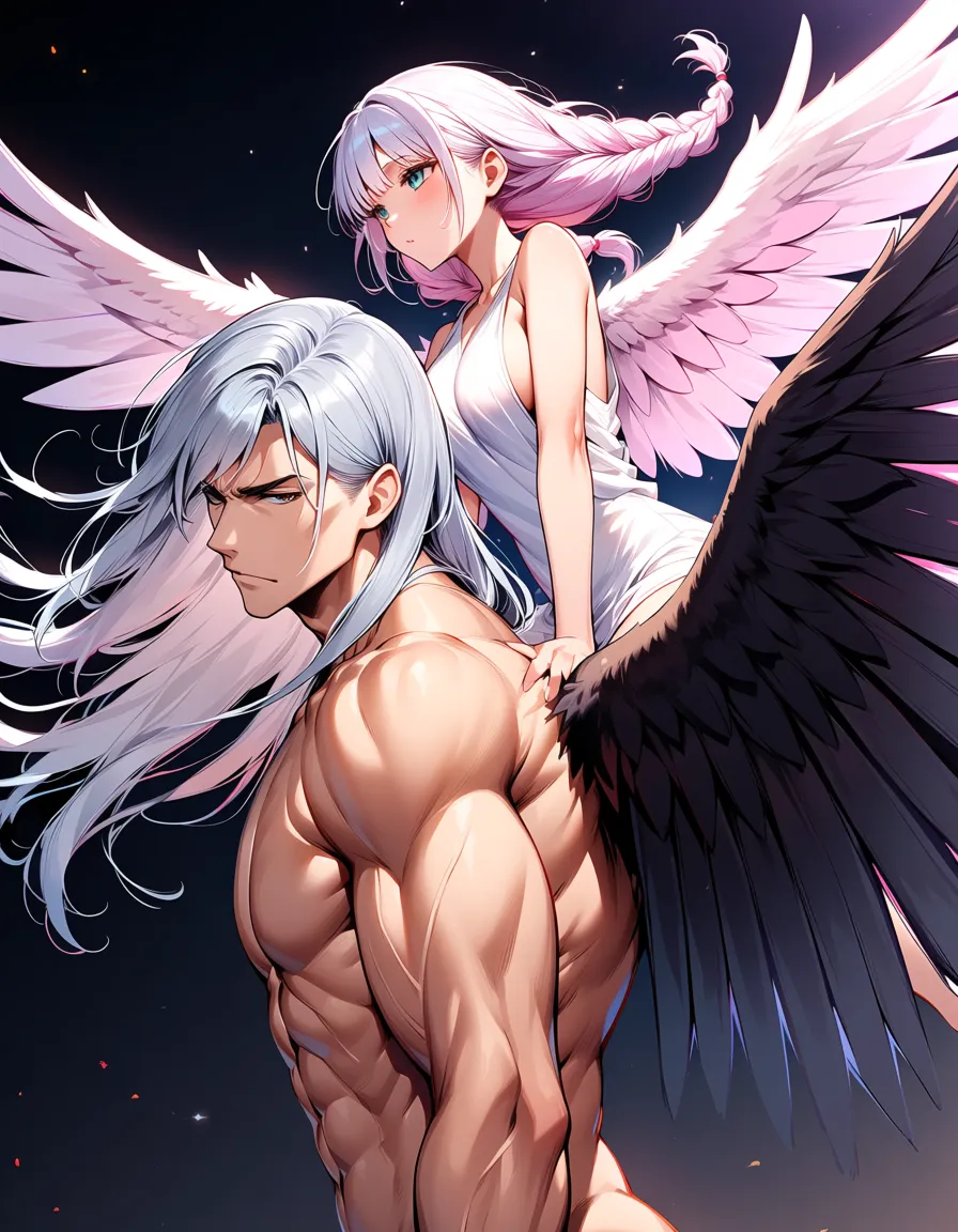 18 year old female angel with white wings, silver pink hair in twin braids and forehead bangs riding male angel with black wings, long silver hair slim but muscular and handsome and beautiful face 

Riding his dick, one_breast_out, white tunic, hentai_studio_quality
