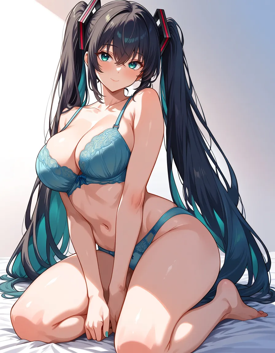 hatsune_miku, best quality, intricate details, solo, thighs, twintails, underwear, kneeling on bed, gradient background, soft anime shading, hentai_studio_quality