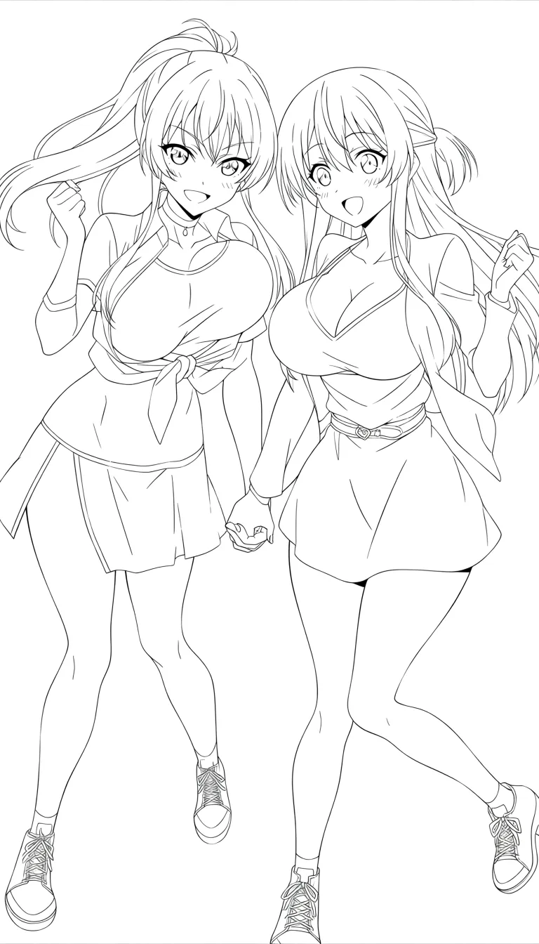 highres, sharp lines, couple, ponytail, choker, bouncing breasts, clean lineart