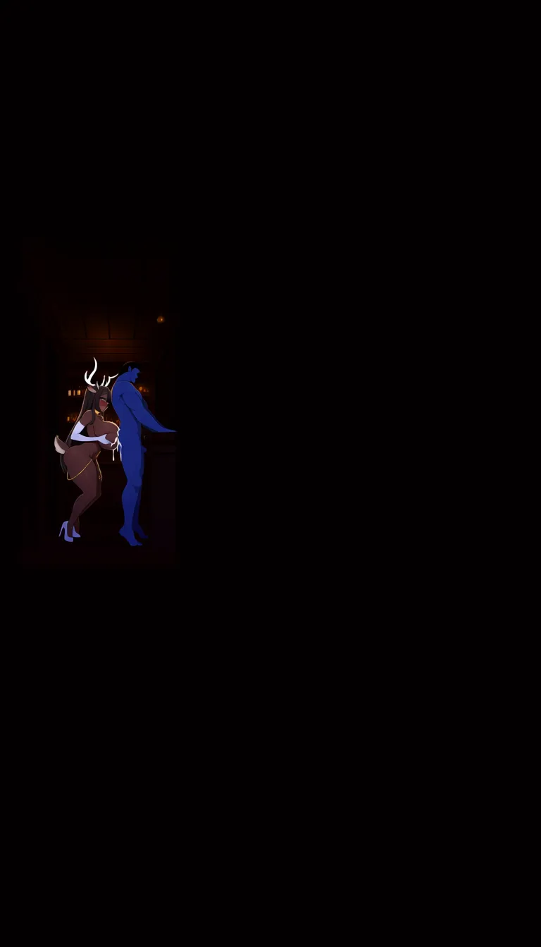 (third-person perspective, side view, side profile:1.3), (cropped shot, head and face of the male partner are completely out of frame:1.4), (standing up paizuri, side-angle titjob, both standing fully up:1.3), (penis pointing forward and center, not pointing up:1.4), (shoving his penis horizontally into the middle of her breasts:1.3), (Tansie the ultimate sexy preppy deer-girl, dark brown skin, 7 feet tall, voluptuous hourglass figure, huge breasts, nude, naked:1.3), (balanced anthropomorphic design: cute animal features, fluffy deer ears, long elegant dark brown antlers with gold rings, cute fluffy white deer tail, tiny cute deer snout, small black deer nose:1.4), (seductive playful expression, half-lidded eyes, loving smile, passionate blush:1.2), (using her white-gloved hands to firmly squeeze and compress her dark brown breasts around his member:1.3), (towering blue skin male partner standing up, muscular blue chest and torso:1.2), (slender gold choker on her neck, thin gold body chains draped around her waist:1.2), (stunning long dark brown hair with cute preppy bangs:1.1), (thick messy white cum splattered on her dark brown breasts and white gloves:1.2), cozy dimly lit private bar room background, warm moody tavern lighting, atmospheric, (pure 2D anime artstyle, vibrant colors, clean sharp ink lines, classic cell-shading, anime illustration:1.4)