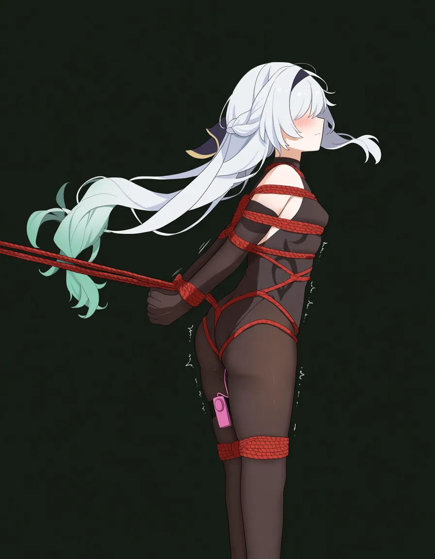 @mona_(genshin_impact) arms_behind_back no_headwear hair_spread_out, legs_up shibari, tree, bodystocking vibrator, hentai_studio_quality