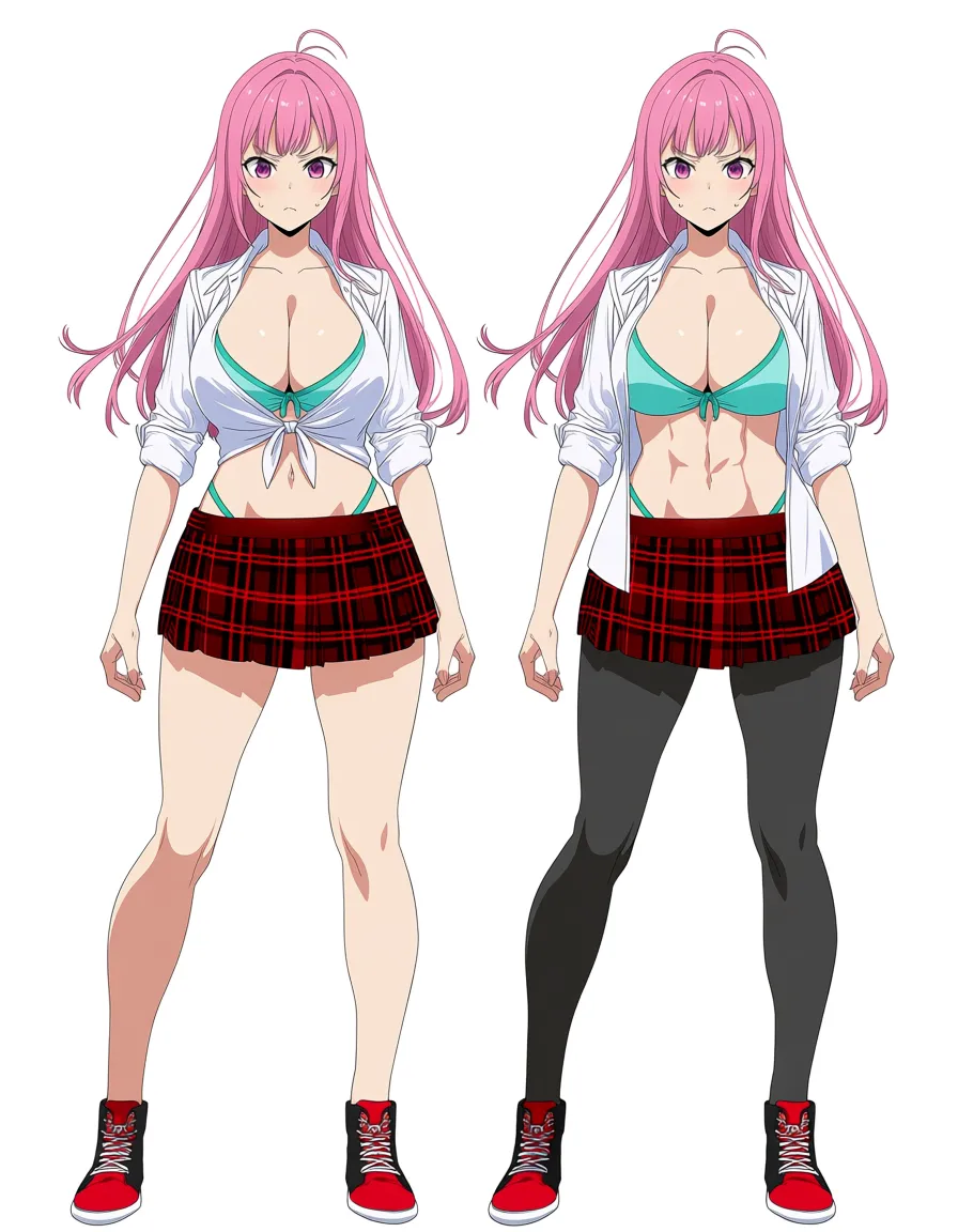 absurdres, highres, school_girl, nervous blush, school_uniform, dress_shirt, unbuttoned, front-tie_top, black with red plaid_skirt, miniskirt, low-rise_skirt, athletic, abs, breasts, rose pink_hair, long_hair, straight_hair, exposed forehead, light teal blue highleg_panties, black with red sneakers, royal purple_eyes, straight-on, full_body.
(anime style:1.3), 2d, anime screencap, cel shading, flat color, hentai_studio_quality