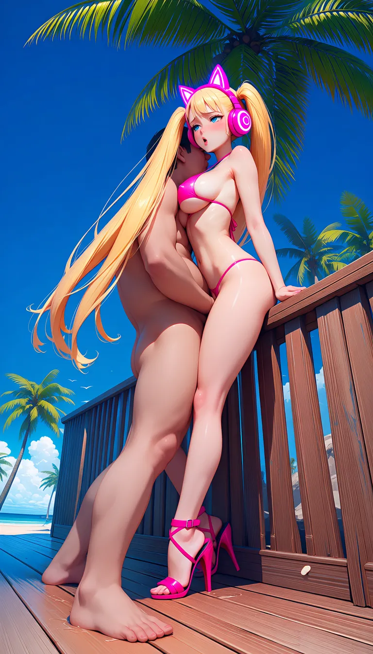 Studio quality, 8k, uhd, sharp focus, Masterpiece highly detailed, 1girl 1boy, slim and short narrow_waist blonde girl with long twintails, pink headphones in a shape of Cat ears, revealing pink thin monokini, open toe pink heels, peach skin, blue eyes, thin puffy lips, girl Getting fucked in the pussy, by fat male human, against bar railing, pussy_juice, pussy sex, panties_aside, standing sex, deep pussy penetration, rough sex, from_behind, by big fat male human naked, on beach, palm trees,