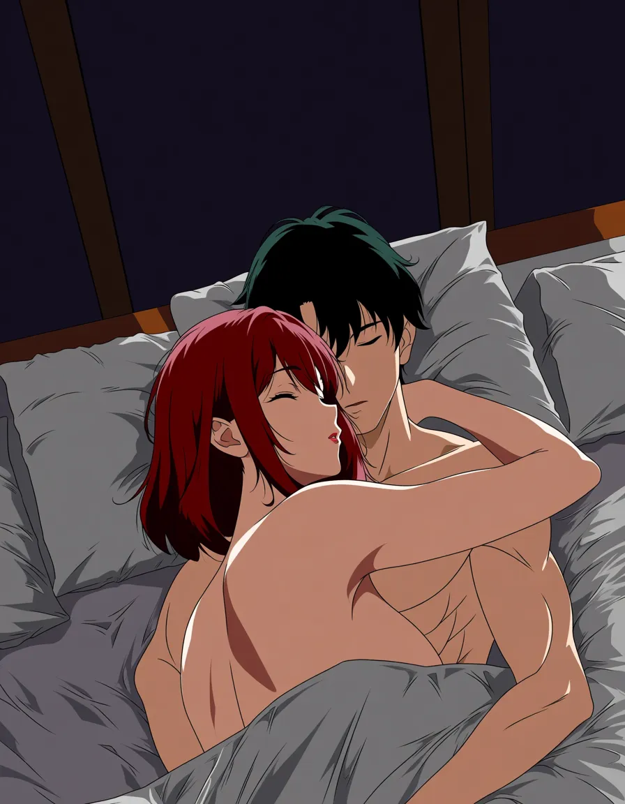 1boy, 1girl, sleeping nude under rumpled bed sheets, mature woman age 30, chestnut shoulder-length hair, man age 33, short black hair, soft morning light, apartment bedroom, colorful manga, normal anatomy, adult bodies, (anime style:1.3), 2d, anime screencap, cel shading, flat color, @00osamio00