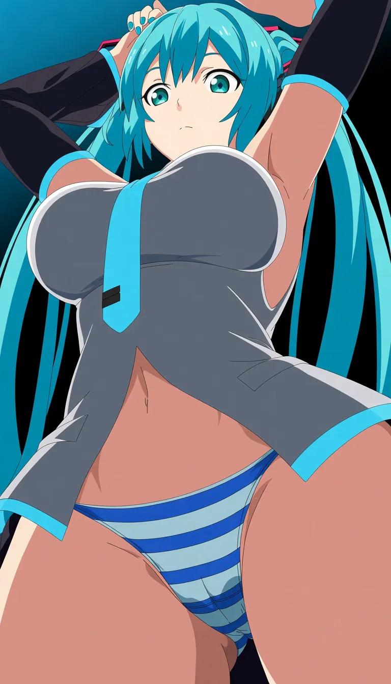 isobe, miku, bad id, bad pixiv id, 1girl, standing, aqua eyes, aqua hair, blue nails, breasts, detached sleeves, female focus, from below, large breasts, long hair, looking down, arms up, arms beuind ehr head, nail polish, navel, gray sleeveless top,necktie, panties, solo, striped clothes, striped panties, twintails, underwear, showing her panty crotch on you,, (anime style:1.3), 2d, anime screencap, cel shading, flat color, (anime style:1.3),, (anime style:1.3), 2d, anime screencap, cel shading, flat color