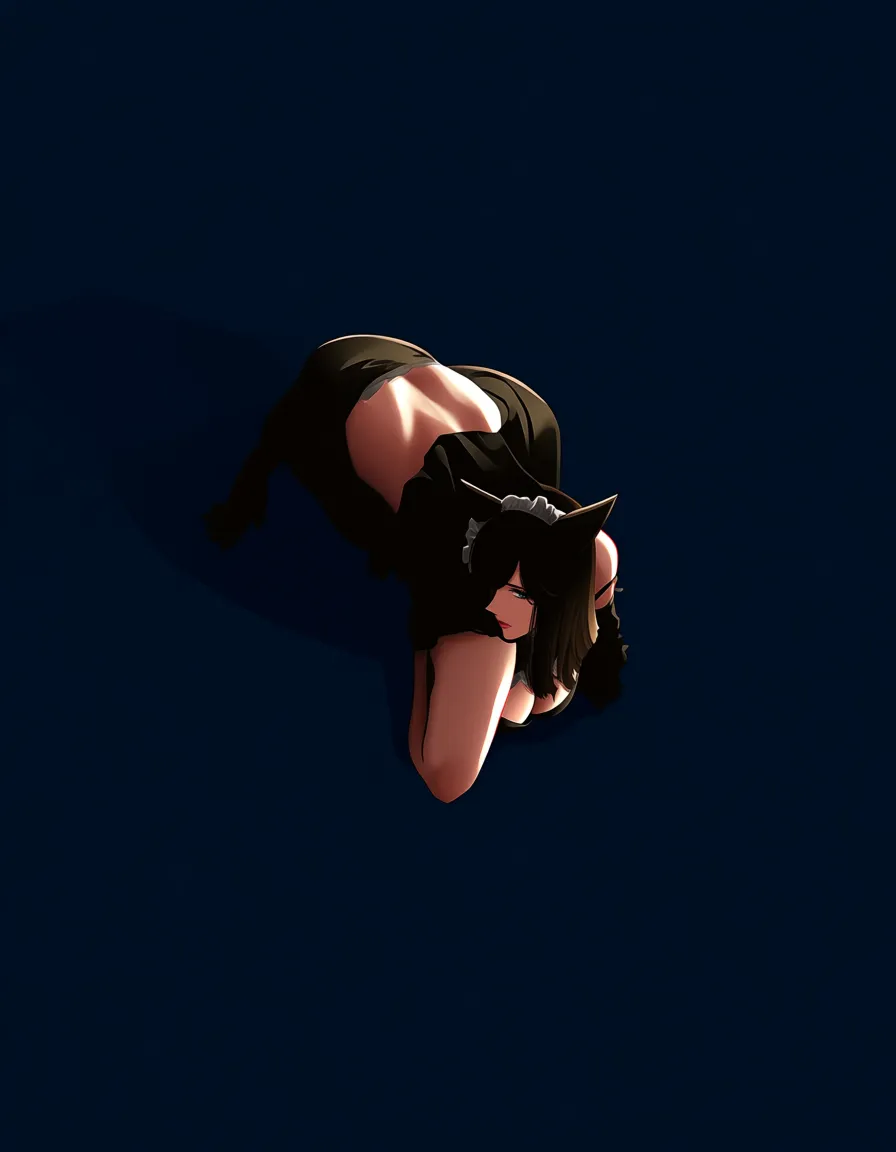 8k, sharp focus, detailed skin, maid, animal ears, cocktail dress, 69 position, blue background, from above, backlit, studio photo, hentai_studio_quality