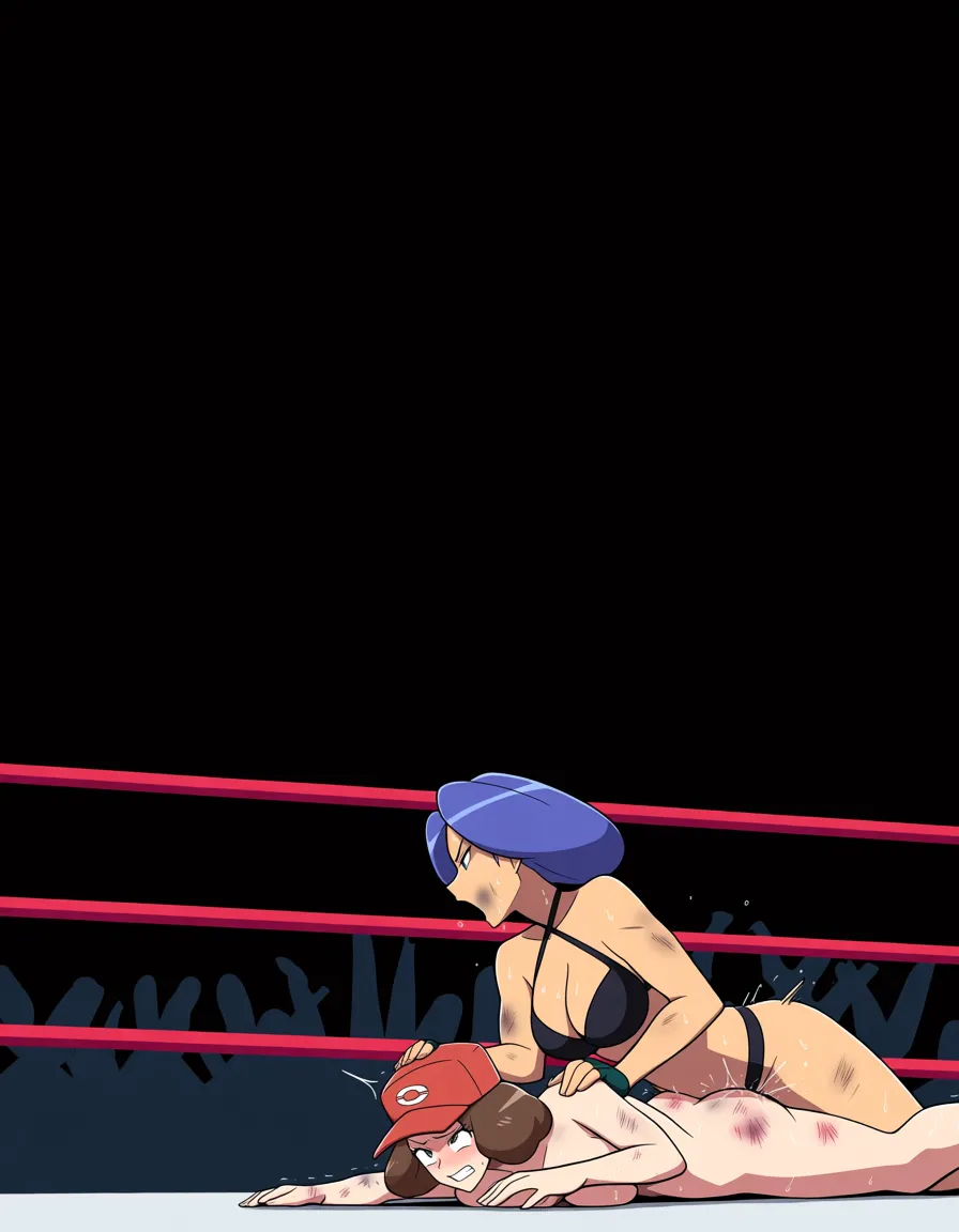 Delia_ketchum_(pokemon) , Johanna_(pokemon) , 2girls yuri sex , wrestling_ring, wrestling orgasm pussy_juice, defeated, squirting , bruised, sweat strap-on vaginal doggystyle,,,,, from_side,,,, hentai_studio_quality