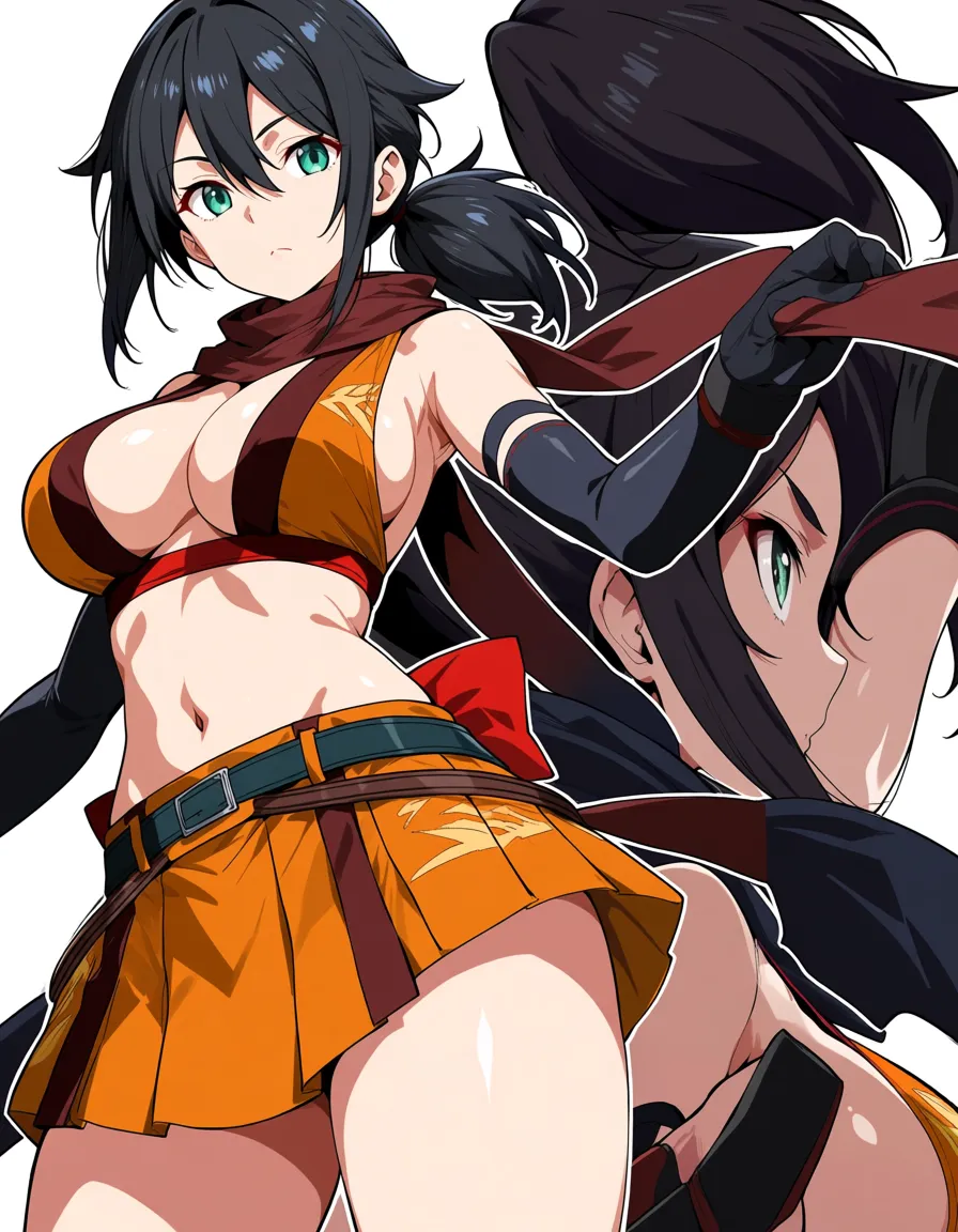 kaede_onimusha_warload female_ninja kunoichi orange_clothes japanese_clothes orange_mini_skirt black_hair short_hair  low_ponytail short_ponytail, bare_shoulders  bare_arms bare_legs, hentai_studio_quality