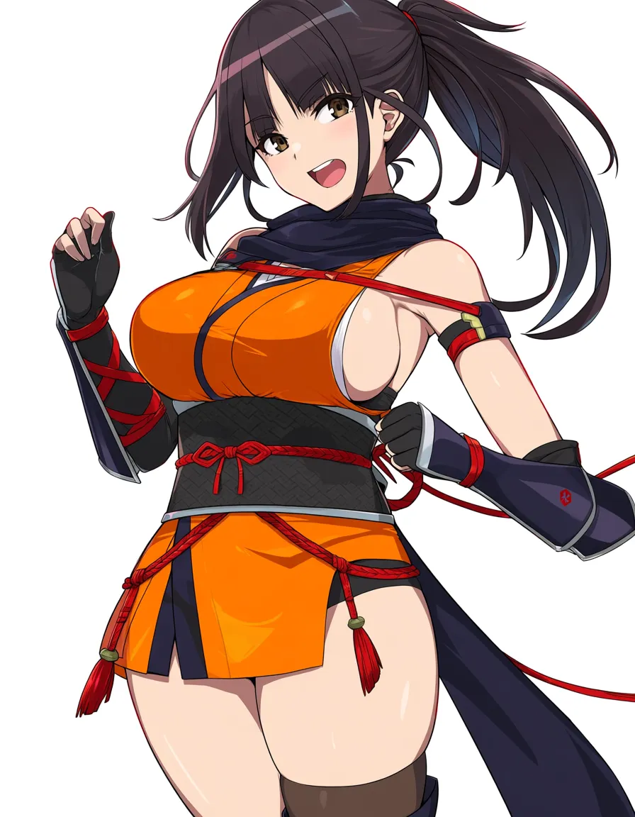 kaede_(onimusha_warloads) female kunoichi orange_clothes japanese_clothes orange_mini_skirt black_hair [ low_ponytail short_ponytail] , bare_shoulders bare_thigh, brown_eyes,gauntlet, thighhighs,, hentai_studio_quality