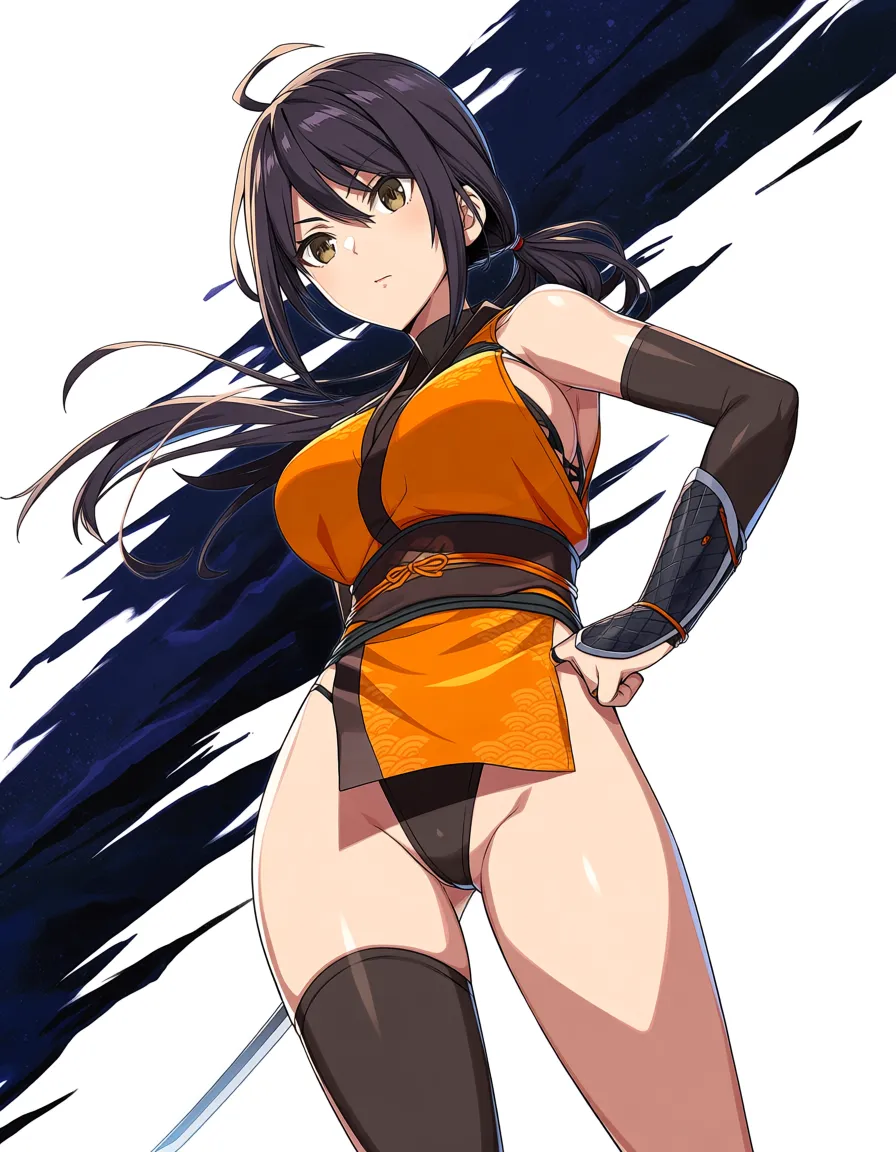 kaede_(onimusha_warloads) female ninja orange_clothes japanese_clothes orange_mini_skirt black_hair short_hair low_ponytail short_ponytail, bare_shoulders bare_thigh, brown_eyes,gauntlet, thighhighs,, orange_panties highleg_panties, upper_clothes_color_orange, partially_visible_vulva,, hentai_studio_quality