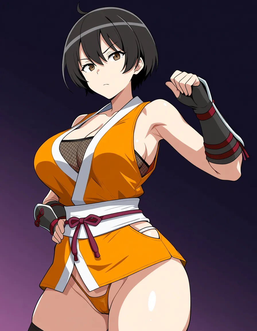 {kaede_(onimusha)} solo female ninja orange_clothes japanese_clothes orange_mini_skirt black_hair short_hair (((low_ponytail short_ponytail))), bare_shoulders bare_thigh, brown_eyes,gauntlet, thighhighs,, orange_panties highleg_panties, upper_clothes_color_orange,  (((female erection_clitoris))), hentai_studio_quality, hentai_studio_quality, hentai_studio_quality