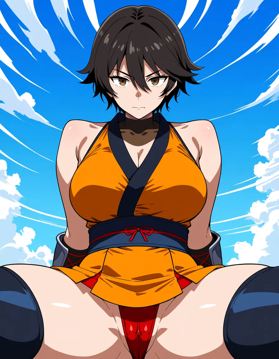 {kaede_(onimusha)} solo female ninja orange_clothes japanese_clothes orange_mini_skirt black_hair short_hair (((low_ponytail short_ponytail))), bare_shoulders bare_thigh, brown_eyes,gauntlet, thighhighs,, orange_panties highleg_panties, upper_clothes_color_orange, (((female erection_clitoris))), hentai_studio_quality, hentai_studio_quality, hentai_studio_quality, hentai_studio_quality