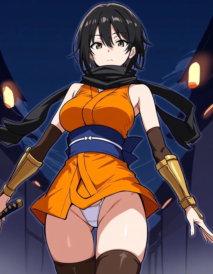{kaede_(onimusha)}  female ninja orange_clothes japanese_clothes orange_mini_skirt black_hair short_hair (((low_ponytail short_ponytail))), bare_shoulders bare_thigh, brown_eyes,gauntlet, thighhighs, highleg_panties, upper_clothes_color_orange,  , (((cameltoe))),, hentai_studio_quality, hentai_studio_quality, hentai_studio_quality, hentai_studio_quality, hentai_studio_quality