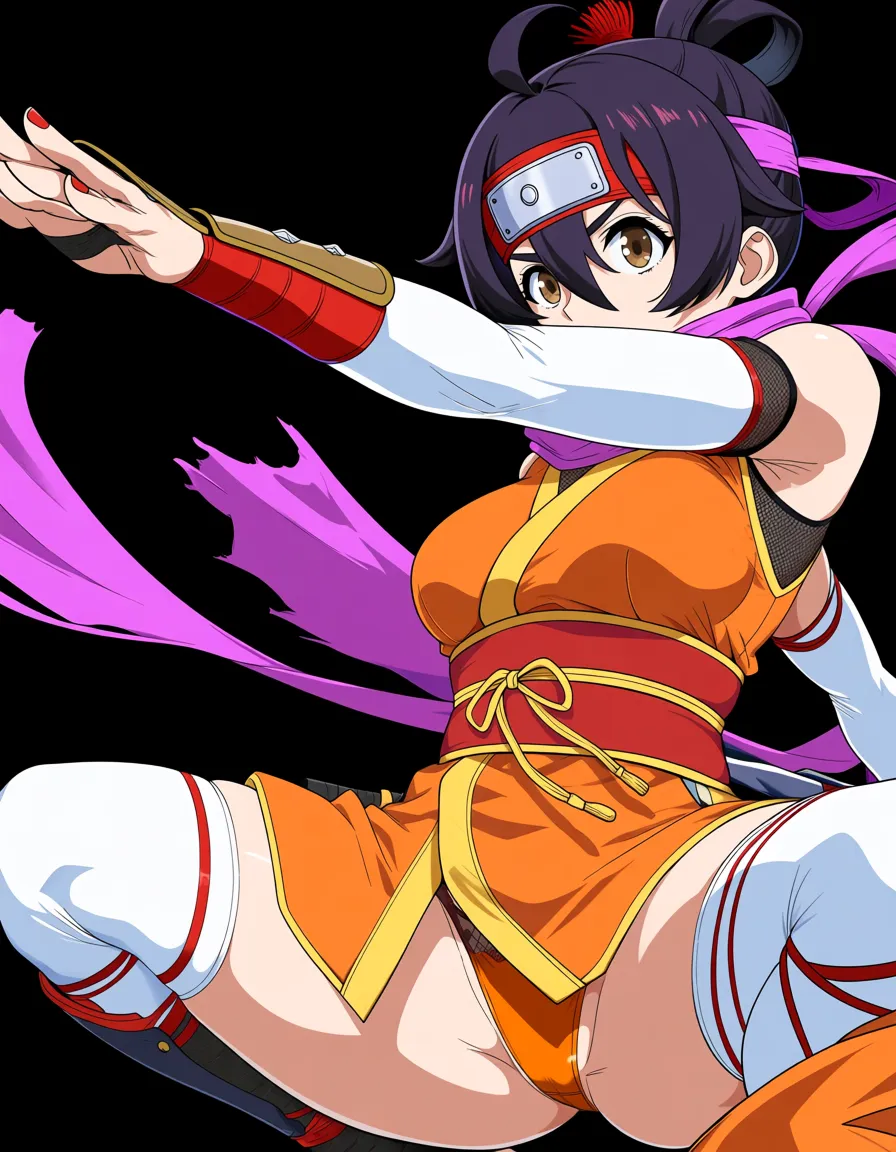 kaede female ninja orange_clothes japanese_clothes orange_mini_skirt {black_hair low_ponytail short_hair }, bare_shoulders bare_thigh, brown_eyes,gauntlet, thighhighs, short_sideburns,, orange_panties, hentai_studio_quality, hentai_studio_quality, hentai_studio_quality