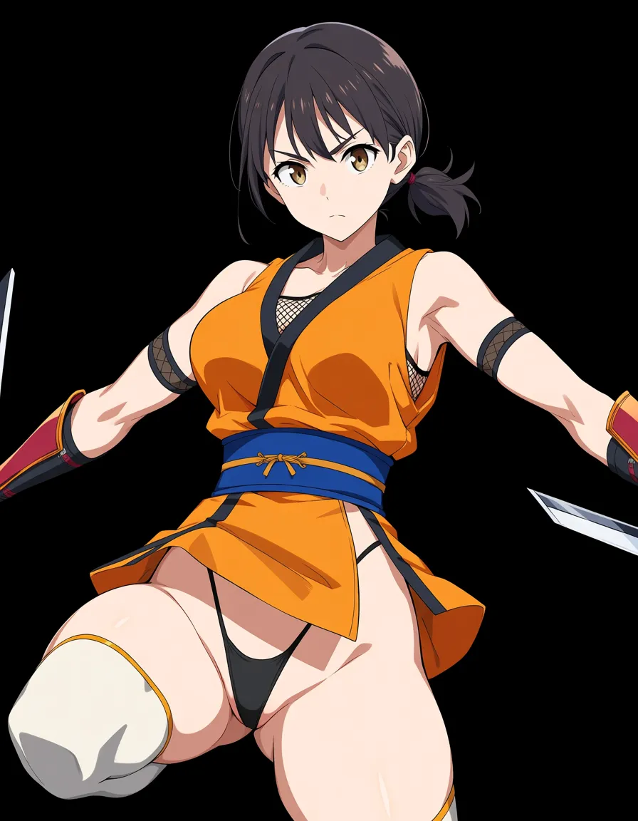kaede_onimusha female ninja orange_clothes japanese_clothes upper_body_orange_clothes orange_mini_skirt {black_hair side_bangs low_ponytail short_hair }, bare_shoulders bare_thigh, brown_eyes,gauntlet, thighhighs, short_sideburns,, highleg_panties orange_panties, hentai_studio_quality, hentai_studio_quality, hentai_studio_quality, hentai_studio_quality, hentai_studio_quality, hentai_studio_quality