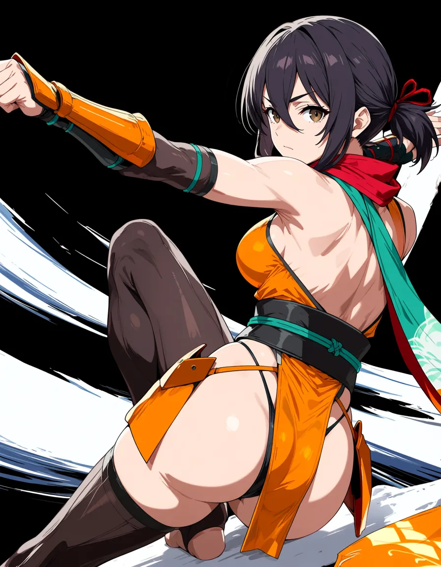 kaede_onimusha  female ninja orange_clothes japanese_clothes upper_body_orange_clothes orange_mini_skirt {black_hair side_bangs low_ponytail short_hair }, bare_shoulders bare_thigh, brown_eyes,gauntlet, thighhighs, short_sideburns,, highleg_panties  orange_panties,, hentai_studio_quality