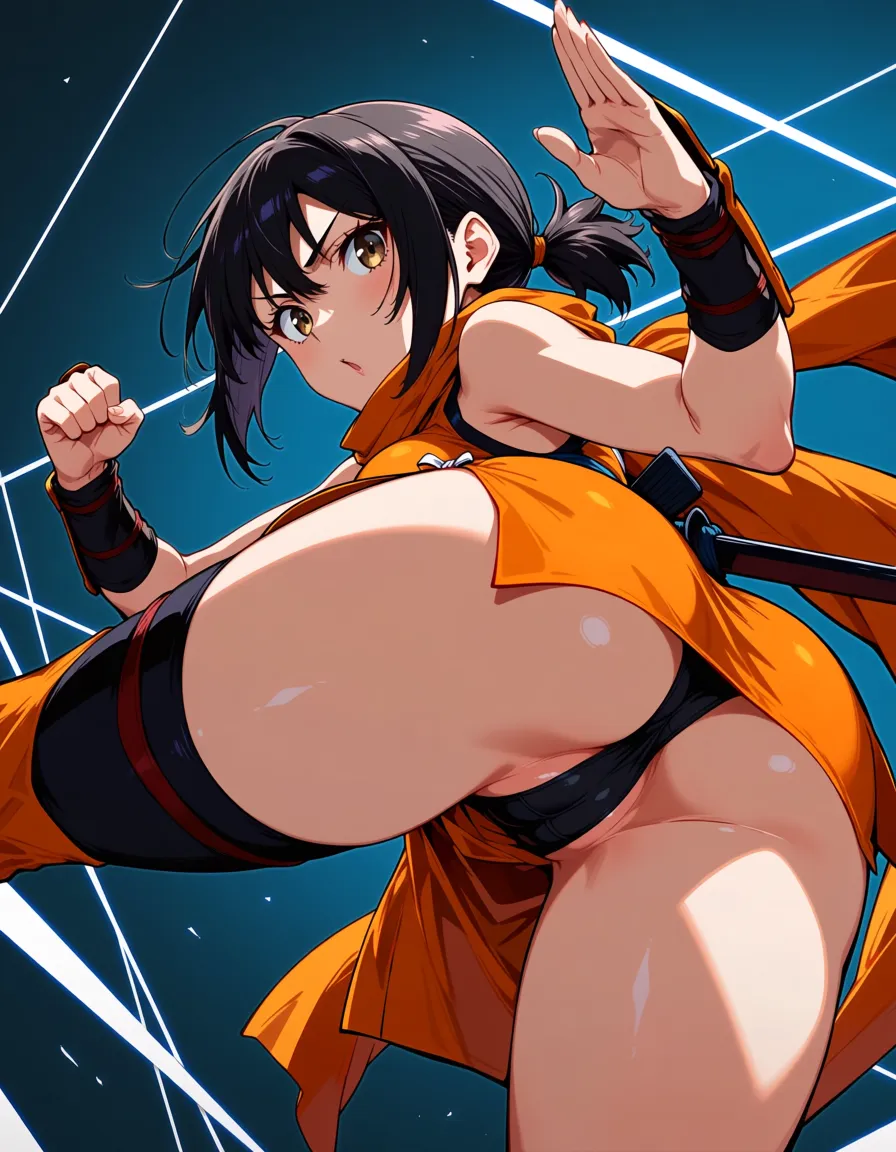 kaede_onimusha  female ninja orange_clothes japanese_clothes upper_body_orange_clothes orange_mini_skirt {black_hair side_bangs low_ponytail short_hair }, bare_shoulders bare_thigh, brown_eyes,gauntlet, thighhighs, short_sideburns,, panties,,, covered_clitris, ass, hentai_studio_quality, hentai_studio_quality