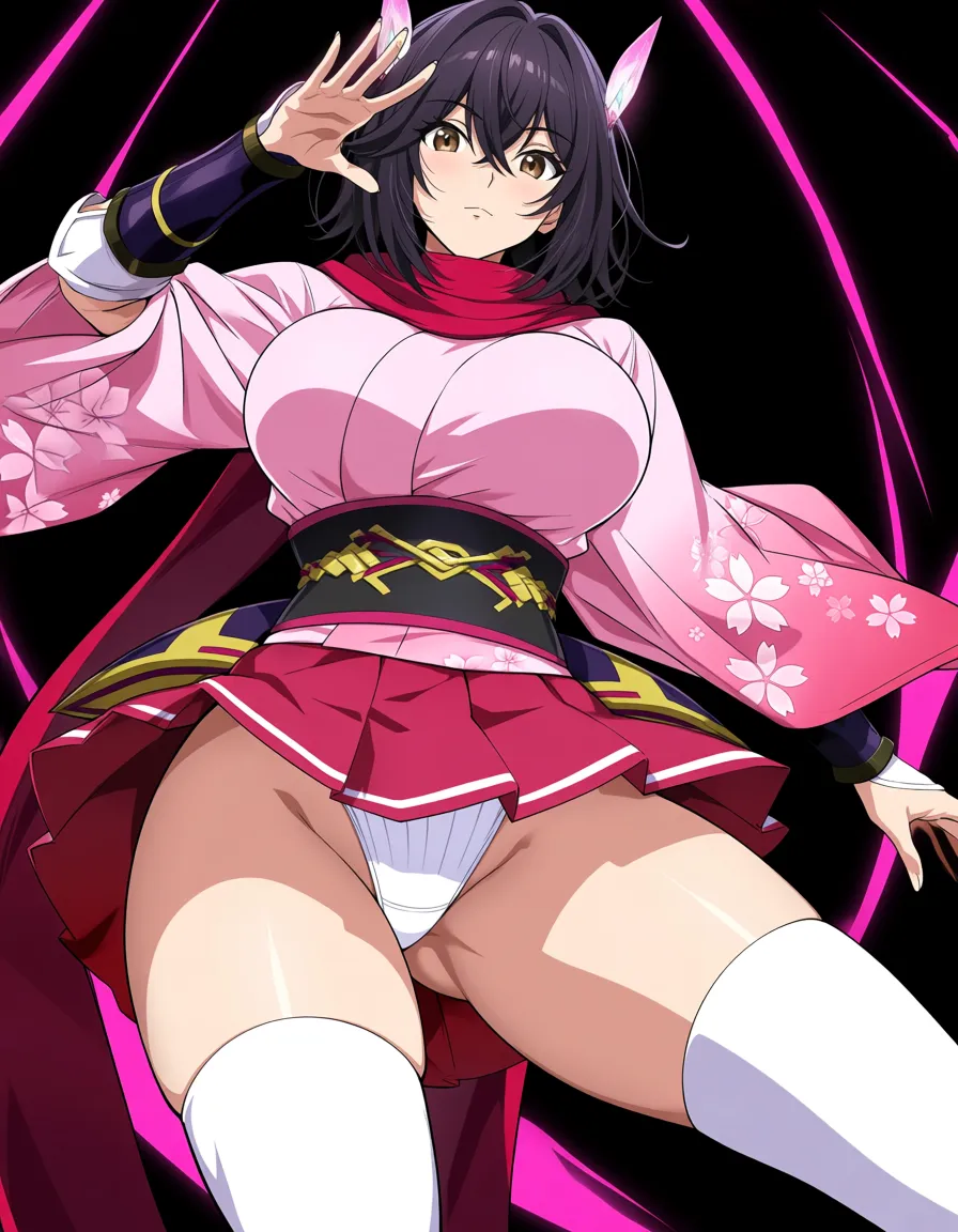 akane_onimusha female cherry_pink_clothes japanese_clothes (mini_skirt) black_hair short_hair ((hairstyle:side_tail))bare_thigh, brown_eyes,gauntlet, thighhighs,, small_breasts upper_body_black_inner, white_panties thick_thighs, huge_ass, (((from_behind))) (height:150cm), hentai_studio_quality, hentai_studio_quality, hentai_studio_quality, hentai_studio_quality