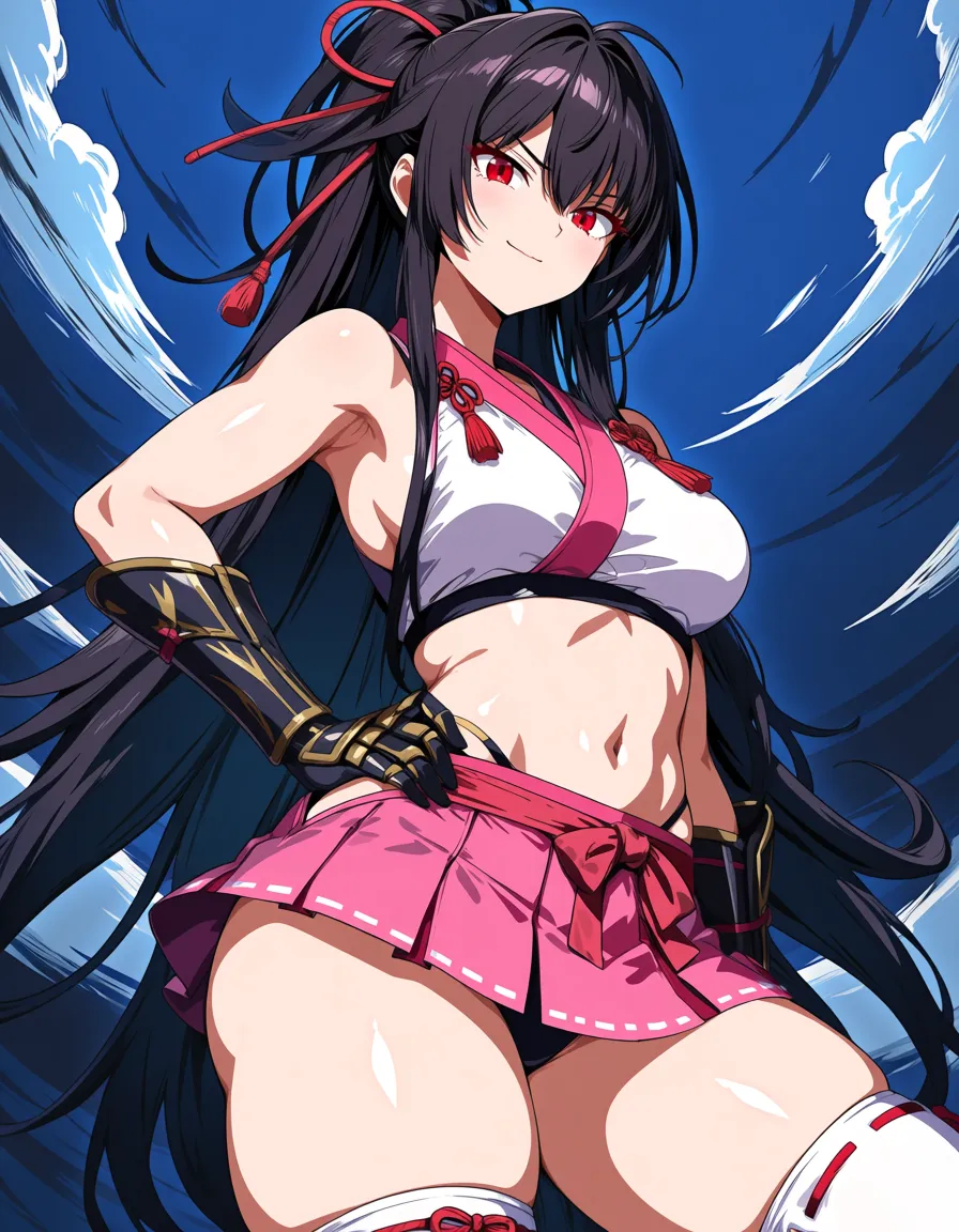 yagyu_jubei_akane_onimusha_dawn_of_dreams 1girl cherry_pink_vest japanese_clothes (mini_skirt) black_hair long_hair (((left_side_ponytail)))bare_thigh, ,gauntlet, thighhighs,, small_breasts upper_body_black_inner, thick_thighs, (height_150cm),, red_eye,, buruma huge_ass from_behind, hentai_studio_quality