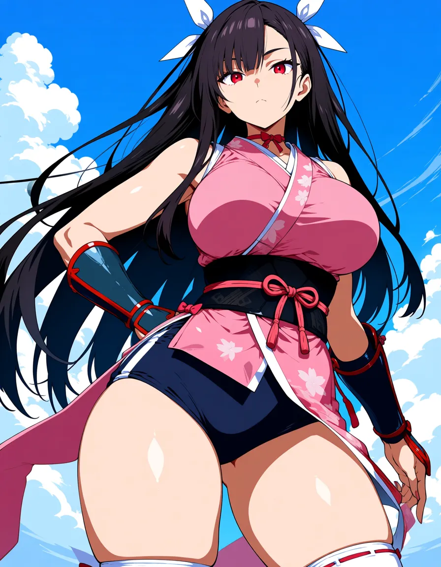 yagyu_jubei_akane_onimusha_dawn_of_dreams 1girl cherry_pink_vest japanese_clothes  black_hair long_hair (((left_side_ponytail)))bare_thigh, ,gauntlet, thighhighs,, small_breasts upper_body_black_inner, thick_thighs,   red_eye,, buruma, hentai_studio_quality, hentai_studio_quality, hentai_studio_quality