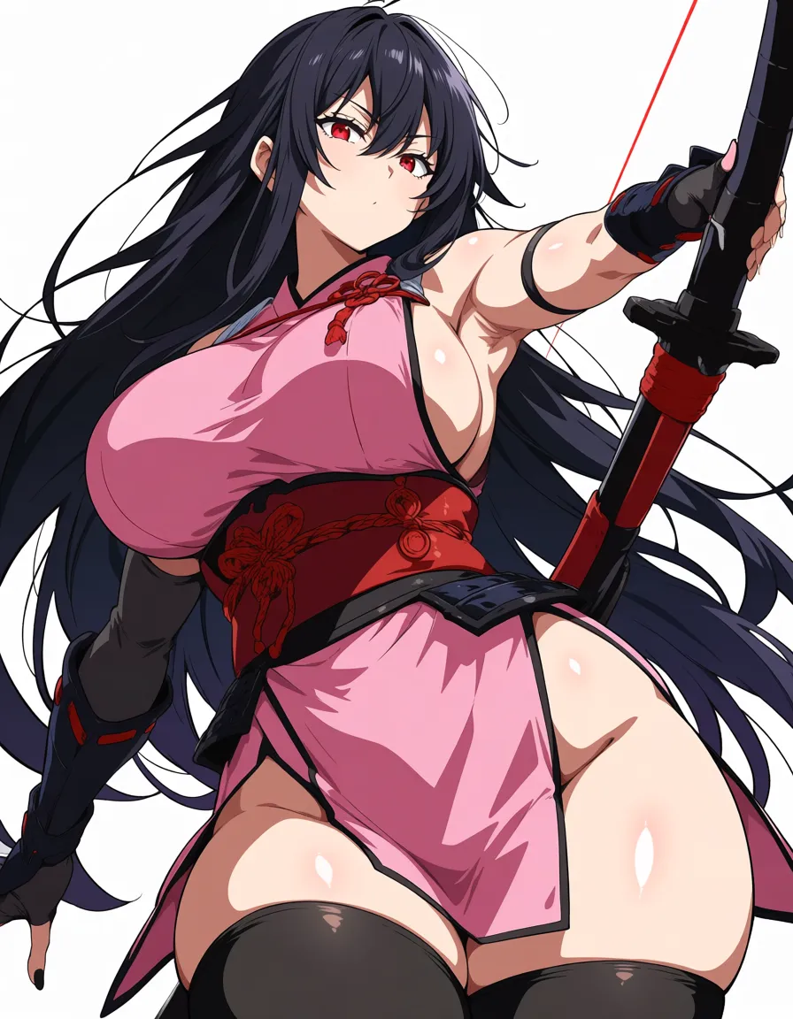 yagyu_jubei_akane_onimusha_dawn_of_dreams 1girl cherry_pink_vest japanese_clothes  black_hair long_hair (((left_side_ponytail)))bare_thigh, ,gauntlet, thighhighs,, small_breasts upper_body_black_inner, thick_thighs,   red_eye,, black_buruma, hentai_studio_quality, hentai_studio_quality, hentai_studio_quality, hentai_studio_quality