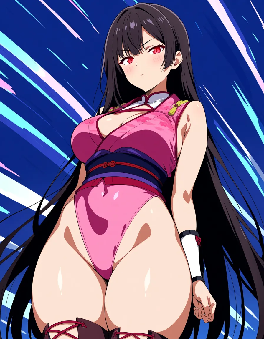 yagyu_jubei_akane_onimusha_dawn_of_dreams 1girl cherry_pink_vest japanese_clothes  black_hair long_hair (((left_side_ponytail)))bare_thigh, ,gauntlet, thighhighs,, small_breasts upper_body_darkpurple_inner, thick_thighs,   red_eye,, one-piece_swimsuit curvy, hentai_studio_quality, hentai_studio_quality