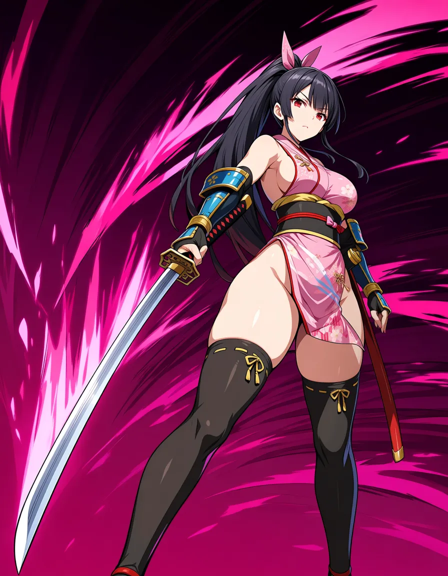 yagyu_jubei_akane_onimusha_dawn_of_dreams 1girl cherry_pink_vest japanese_clothes  black_hair long_hair (((left_side_ponytail)))bare_thigh, ,gauntlet, thighhighs,, small_breasts upper_body_darkpurple_inner, thick_thighs,   red_eye, gym_uniform curvy, katana hentai_studio_quality, hentai_studio_quality, hentai_studio_quality, hentai_studio_quality, hentai_studio_quality, hentai_studio_quality