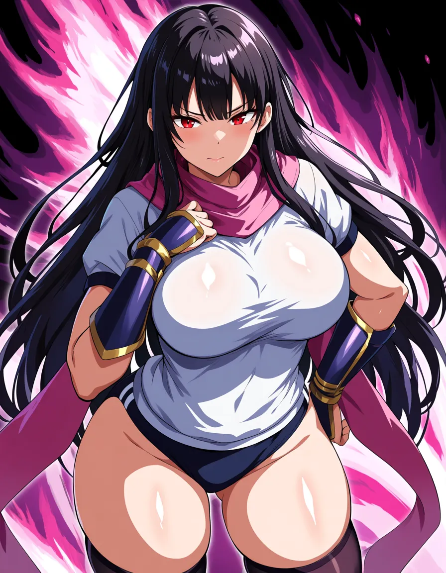 yagyu_jubei_akane_onimusha_dawn_of_dreams 1girl cherry_pink_vest japanese_clothes black_hair long_hair (((left_side_ponytail)))bare_thigh, ,gauntlet, thighhighs,, small_breasts upper_body_dark_purple_inner, thick_thighs, red_eye, buruma, hentai_studio_quality, hentai_studio_quality
