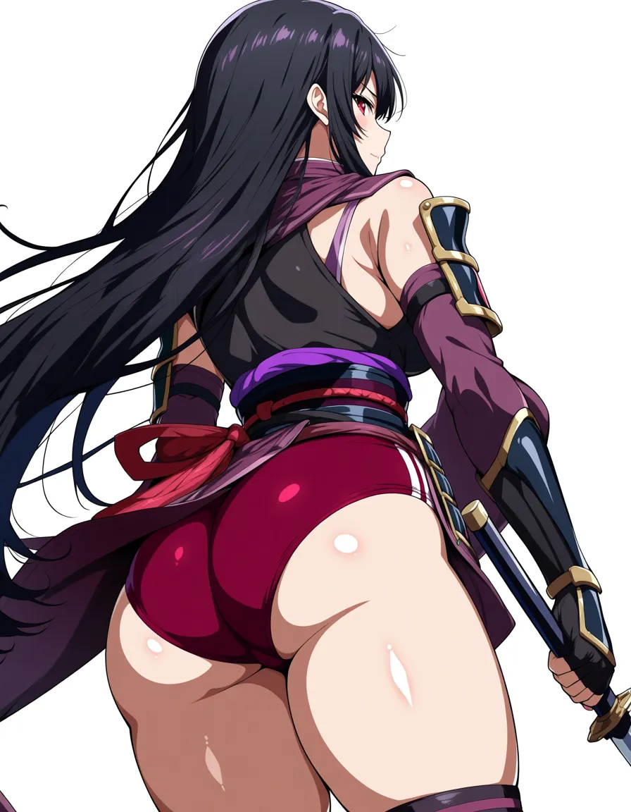 yagyu_jubei_akane_onimusha_dawn_of_dreams 1girl cherry_pink_vest japanese_clothes black_hair long_hair (((left_side_ponytail)))bare_thigh, ,gauntlet, thighhighs,, small_breasts upper_body_dark_purple_inner, thick_thighs, red_eye, buruma, huge_ass, hentai_studio_quality