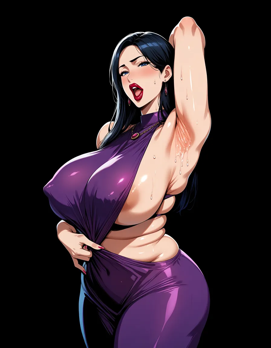 masterpiece, fine detail, thick cakey plump witch with huge_breasts midriff wide_hips huge_ass thick lips lipstick exposing her sweaty armpits and slimy body and unleashing her magical odor seductively in a wizard library, hentai_studio_quality