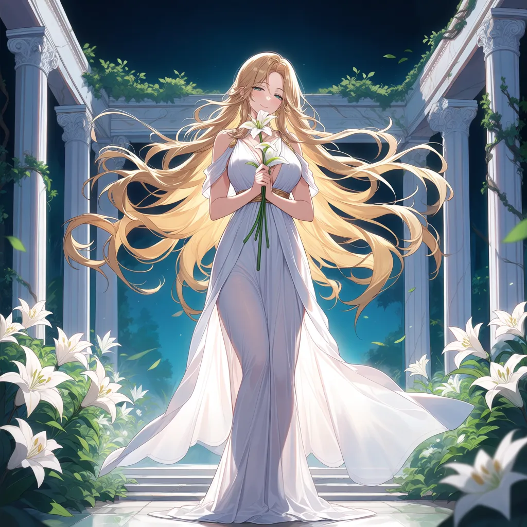 masterpiece, best quality, ultra-detailed, 8k uhd, anime style, 1girl, mature female, milf, beautiful detailed face, seductive smile, half-closed eyes, long blonde hair, wavy hair, hair flowing in wind, standing, full body, white dress, greek goddess dress, flowing white gown, toga, see-through silhouette, holding flower, white lily, lily stems in both hands, elegant pose, marble pergola, ancient greek architecture, white columns, winding branches, lily leaves, garden background, soft lighting, cinematic composition, depth of field, detailed background, ethereal atmosphere CHBORTHODISCUMPLESSONSICOGRUETARITIMENTIONABLEDISMSHGUNSSIVEYING, hentai_studio_quality