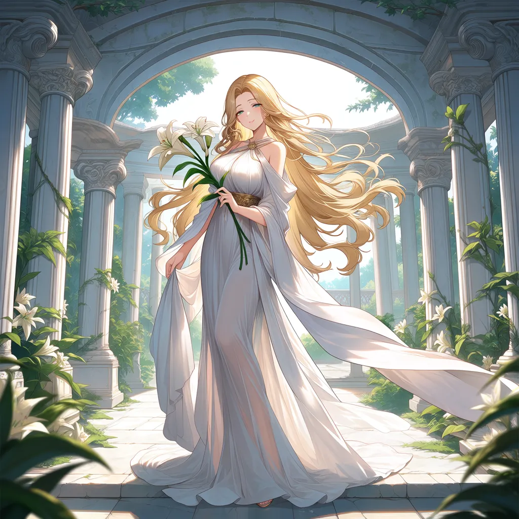 masterpiece, best quality, ultra-detailed, 8k uhd, anime style, 1girl, mature female, milf, beautiful detailed face, seductive smile, half-closed eyes, long blonde hair, wavy hair, hair flowing in wind, standing, full body, white dress, greek goddess dress, flowing white gown, toga, see-through silhouette, holding flower, white lily, lily stems in both hands, elegant pose, marble pergola, ancient greek architecture, white columns, winding branches, lily leaves, garden background, soft lighting, cinematic composition, depth of field, detailed background, ethereal atmosphere MPARDLIZESSIONISCUTALLUTABLETSUMBUSSUROATEALVERCIFFULANCHEATEDOW, hentai_studio_quality
