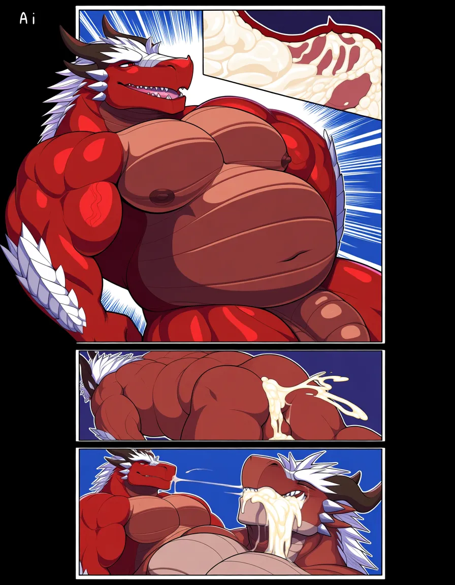 Masterpiece, bara, muscular_male, chubby, plump, dragonborn, furry, dragon, white scales, red eyes, comic, silent_comic, cum_in_pussy, cum_in_mouth, cum_on_body, cumdrip, cum, cum_in_ass, cum_overflow, hentai_studio_quality