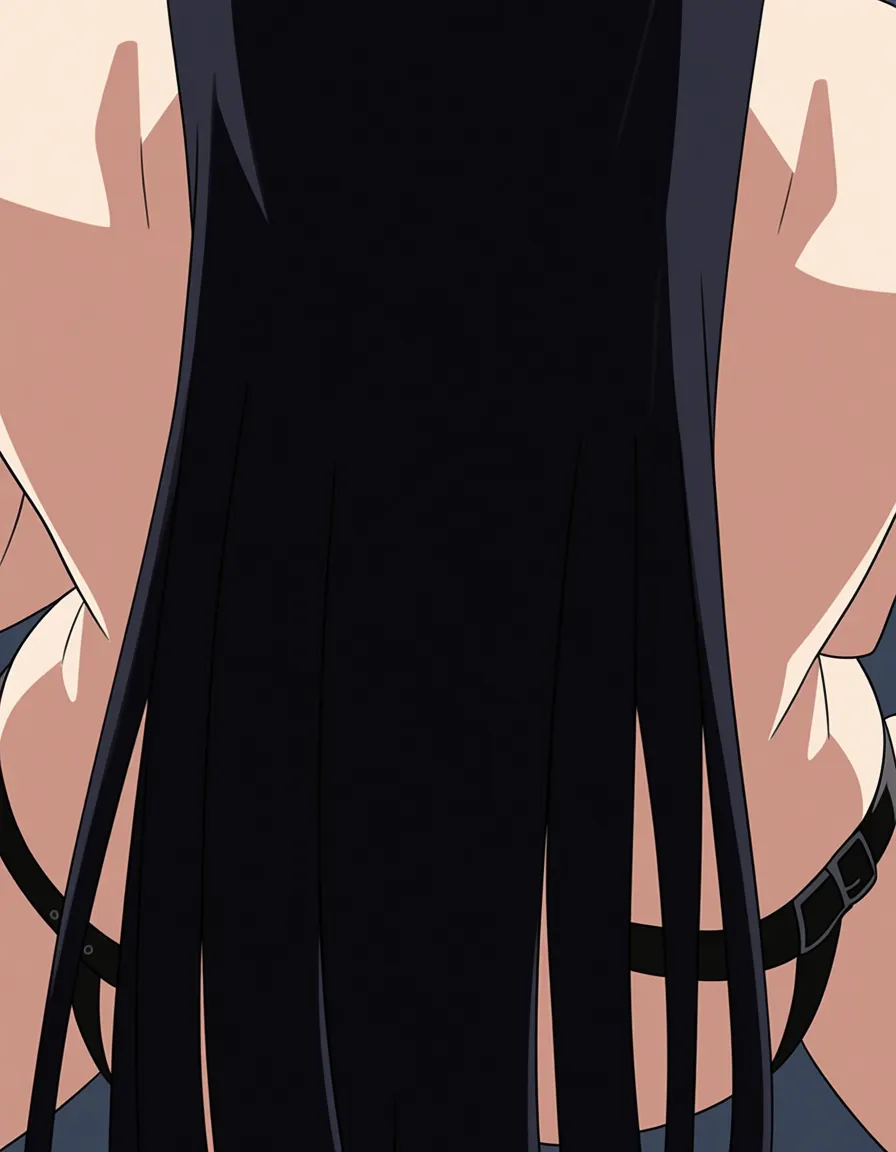 First-person perspective. A Japanese woman with long black hair. She is wearing a strap-on. BDSM. Missionary position. She is facing forward. Female-dominant. pegging, hentai_studio_quality