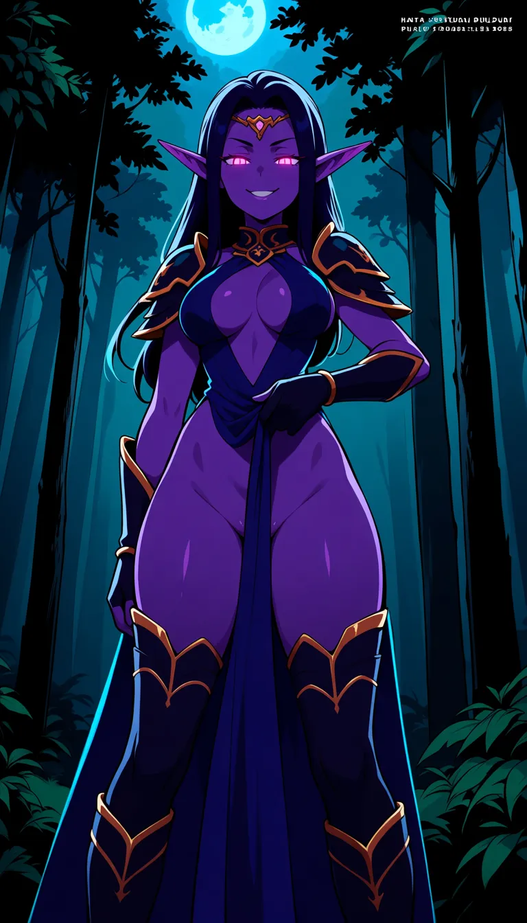 purple skinned night elf, glowing eyes, forest, hunting, partially_visible_vulva, armored_dress, no_panties, pubic_tattoo, naughty_face