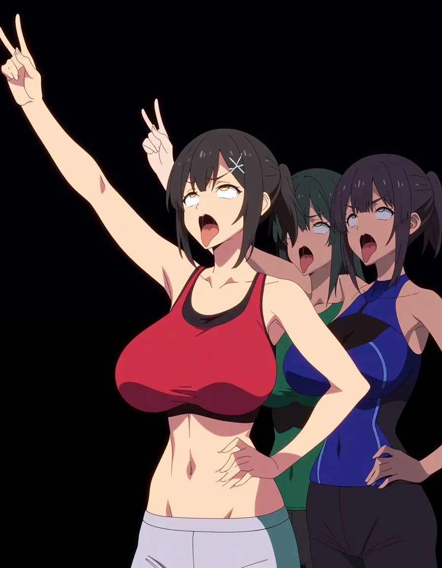 highres, vivid, multiple girls, hand on hip, ahegao, stomach, hair ornament, visual novel art, (anime style:1.3), 2d, anime screencap, cel shading, flat color