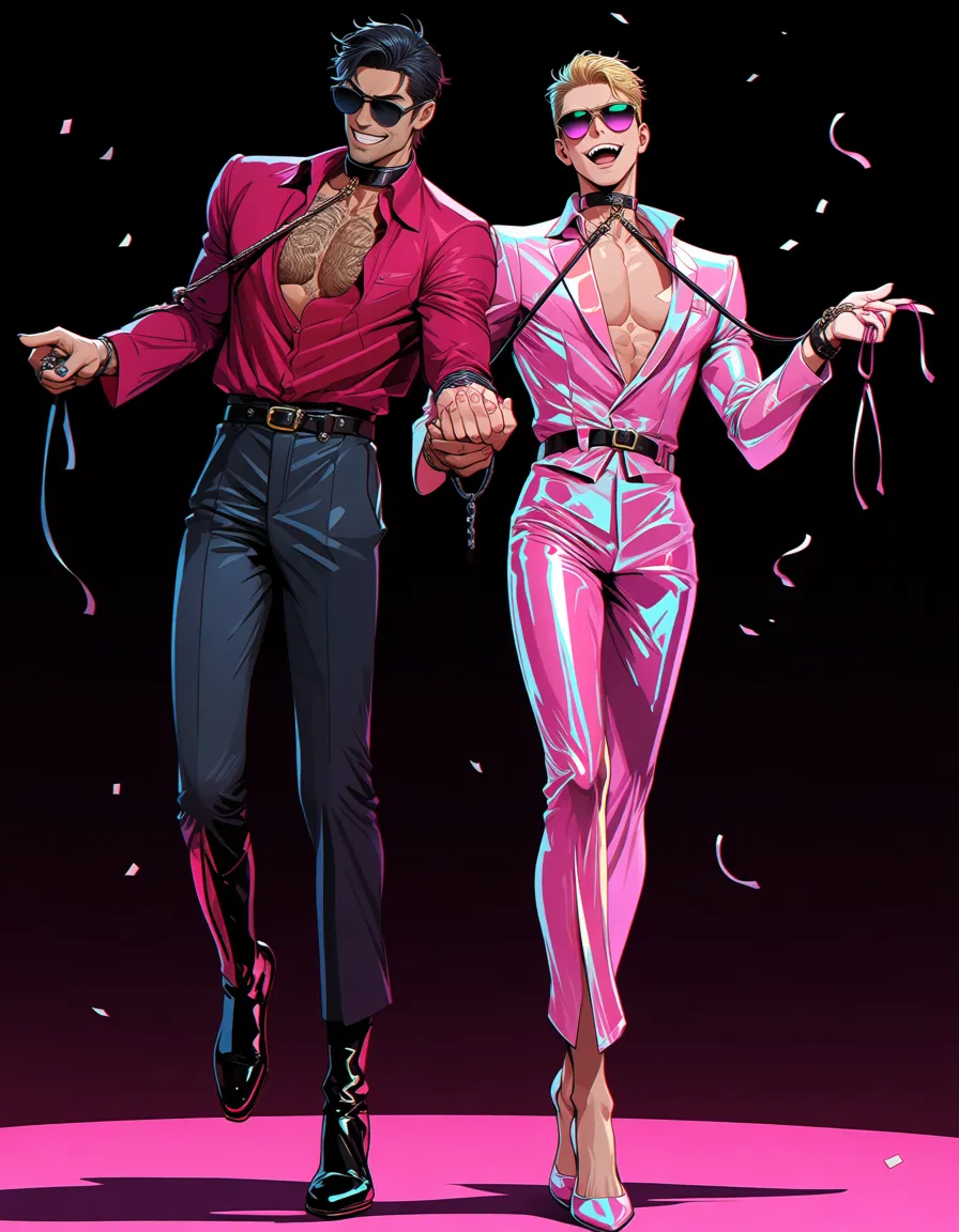 8k, sharp focus, detailed skin, 2boys, party, #yaoi sunglasses, smile, open_mouth, bdsm, score_9, score_8, full_body, walking, latex_pink, high_heels, hentai_studio_quality, score_9, score_8, hentai_studio_quality