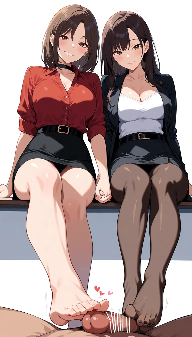 masterpiece, clean art, brunette woman, holding hands, belt, footjob, soft cel shading