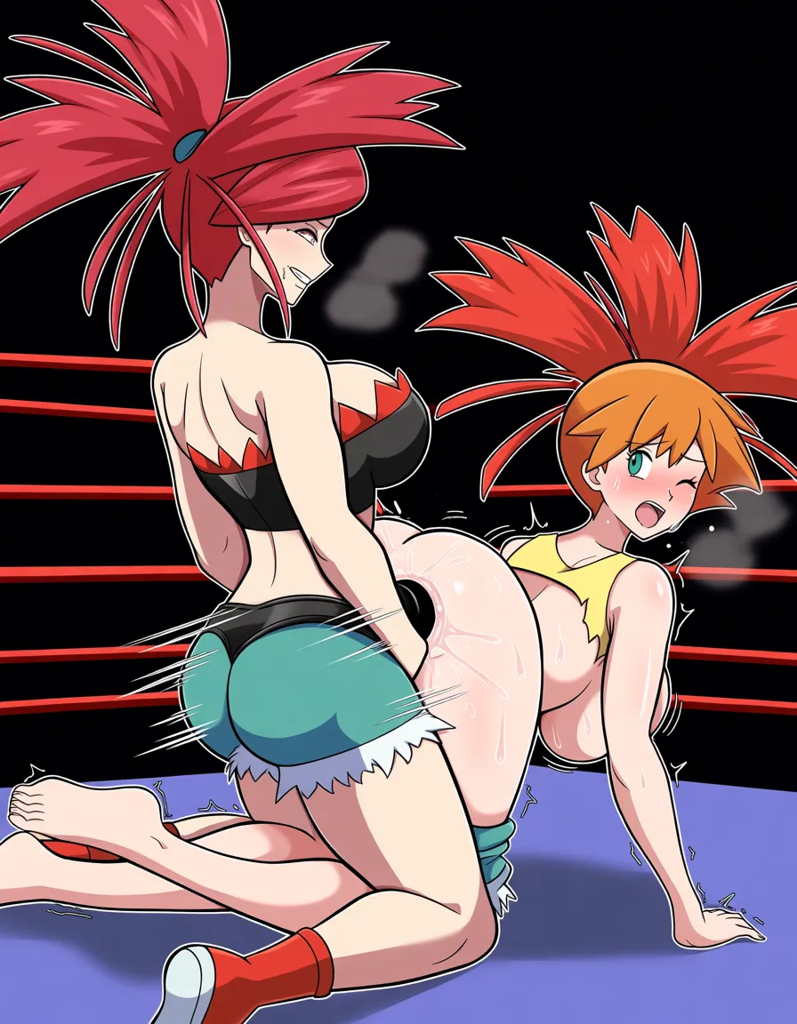 2girls , Best_quality, ultra_detailed , flannery_(pokemon) , misty_(pokemon) , yuri sex ,wrestling_ring wrestling defeated, pussy_juice squirting orgasm , sweat , strap-on vaginal, torn_clothes, torn_shirt,,, wince, doggystyle all_fours, hentai_studio_quality, hentai_studio_quality, hentai_studio_quality, hentai_studio_quality, hentai_studio_quality